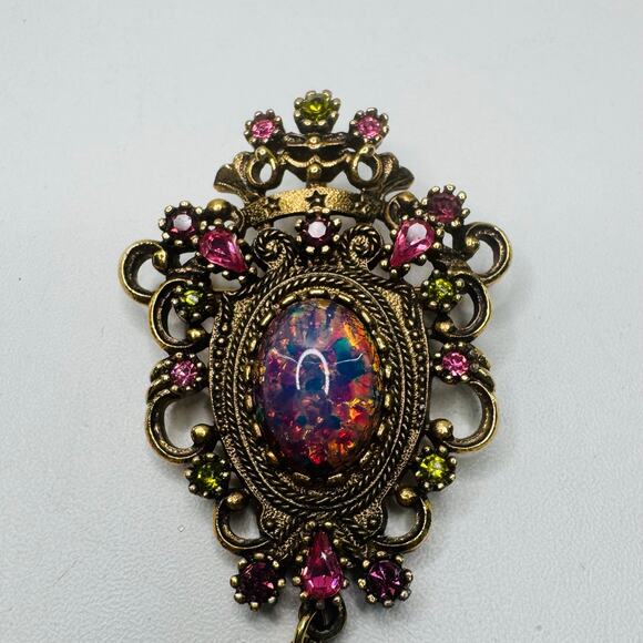 VTG Coventry Brooch Pin Pendant 1970s Foiled Glass Signed Cabochon Estate - Picture 2 of 5